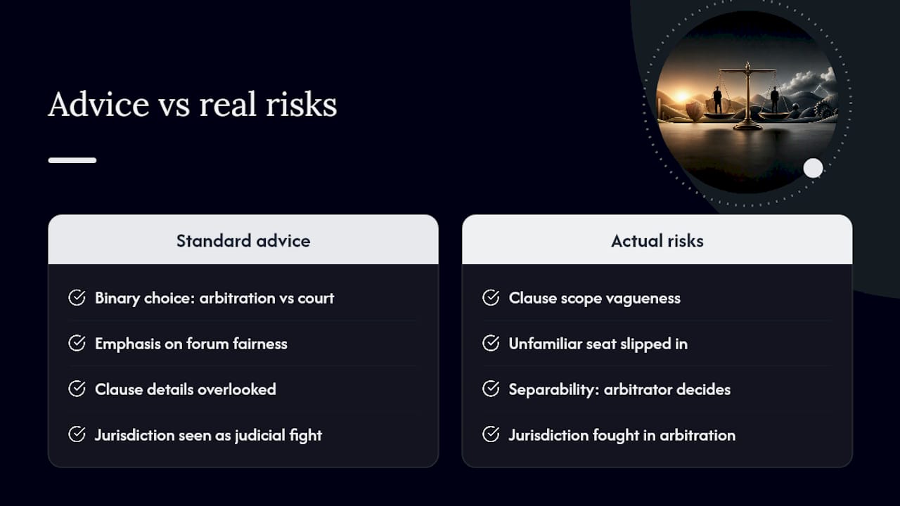 Diagram comparing standard advice and real arbitration risks