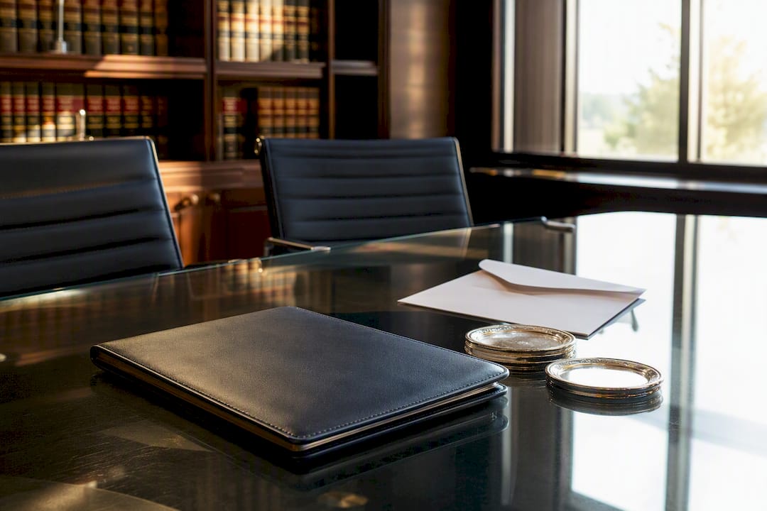 Legal office desk with envelope and briefcase