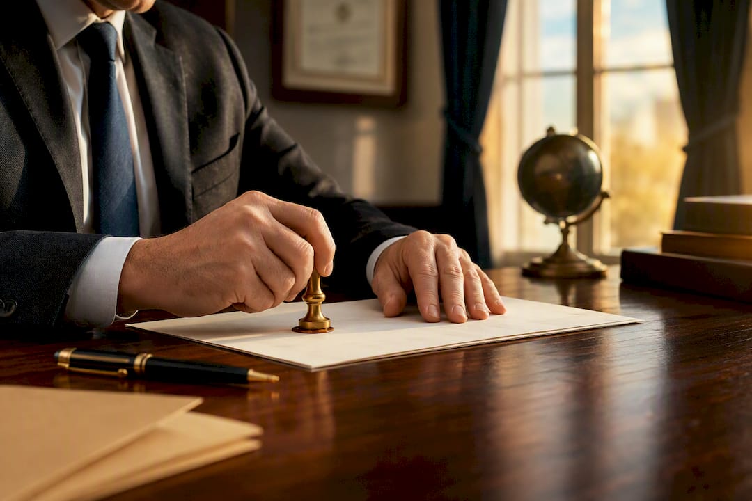 Hands embossing contract in cross-border legal work