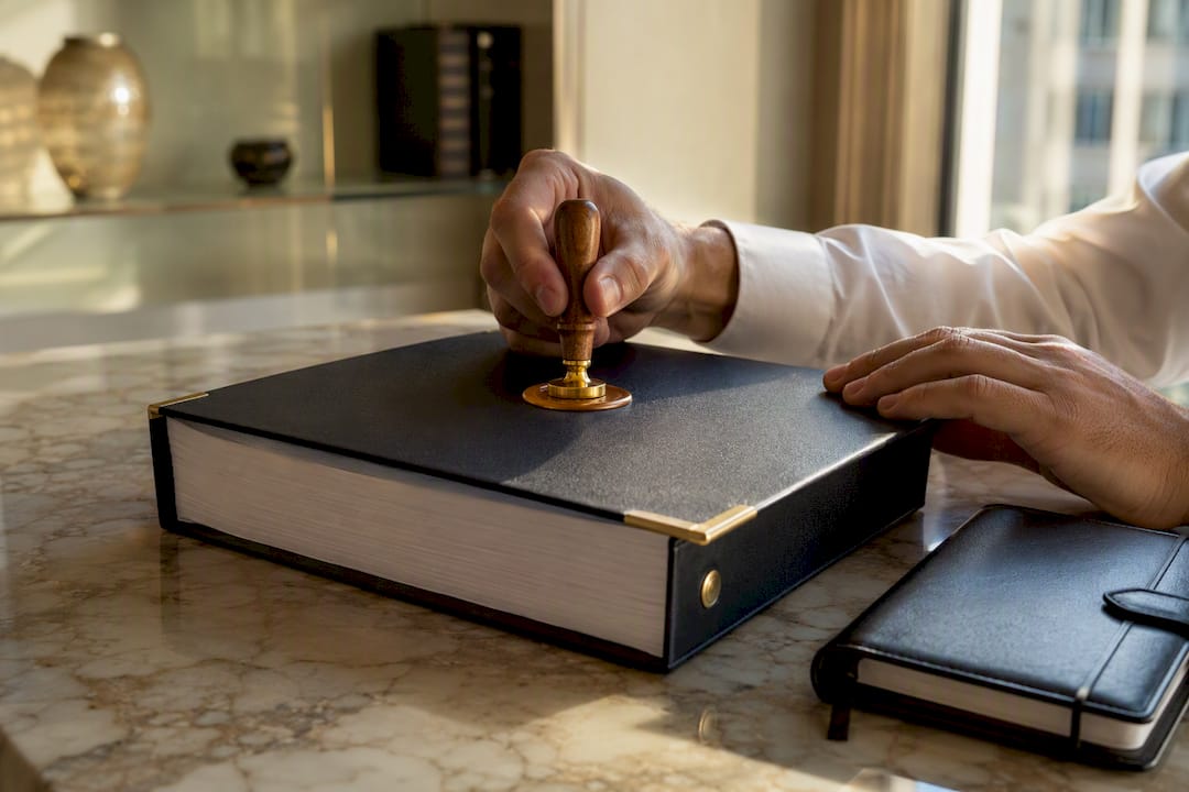 Hands embossing legal seal on binder